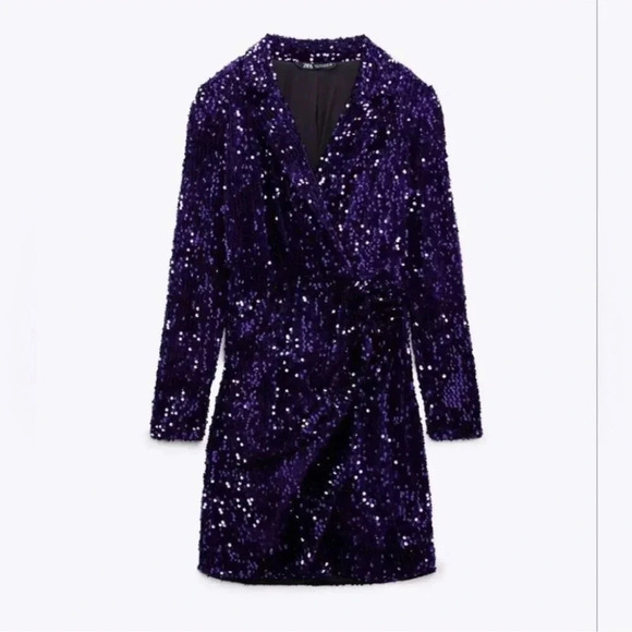 NWOT ZARA WOMAN SEQUIN COLLAR BLAZER MINI DRESS Purple - Picture 6 of 12